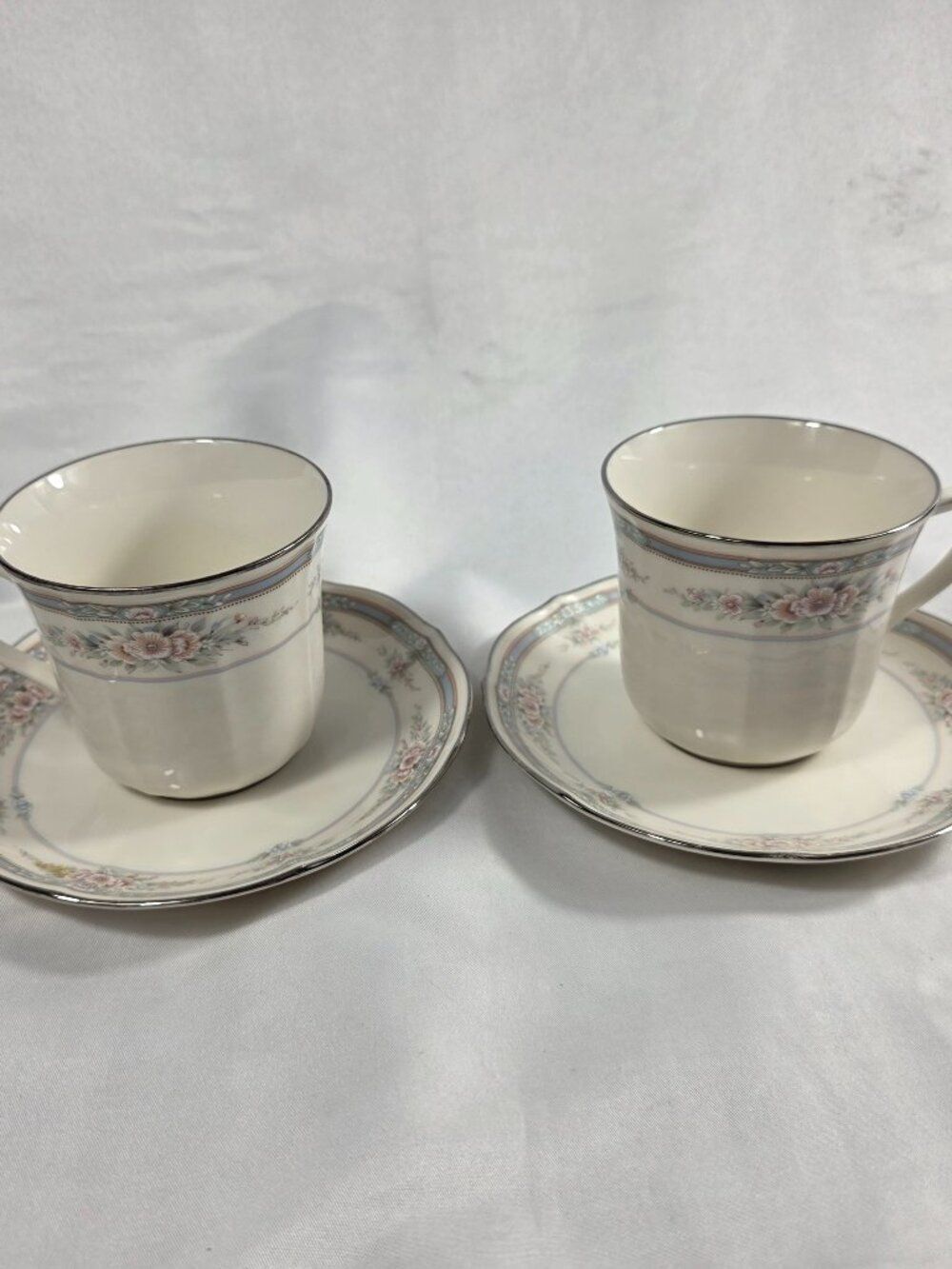 TWO Noritake Rothschild Cup & Saucer Sets Ivory Blue Band with Pink Flowers